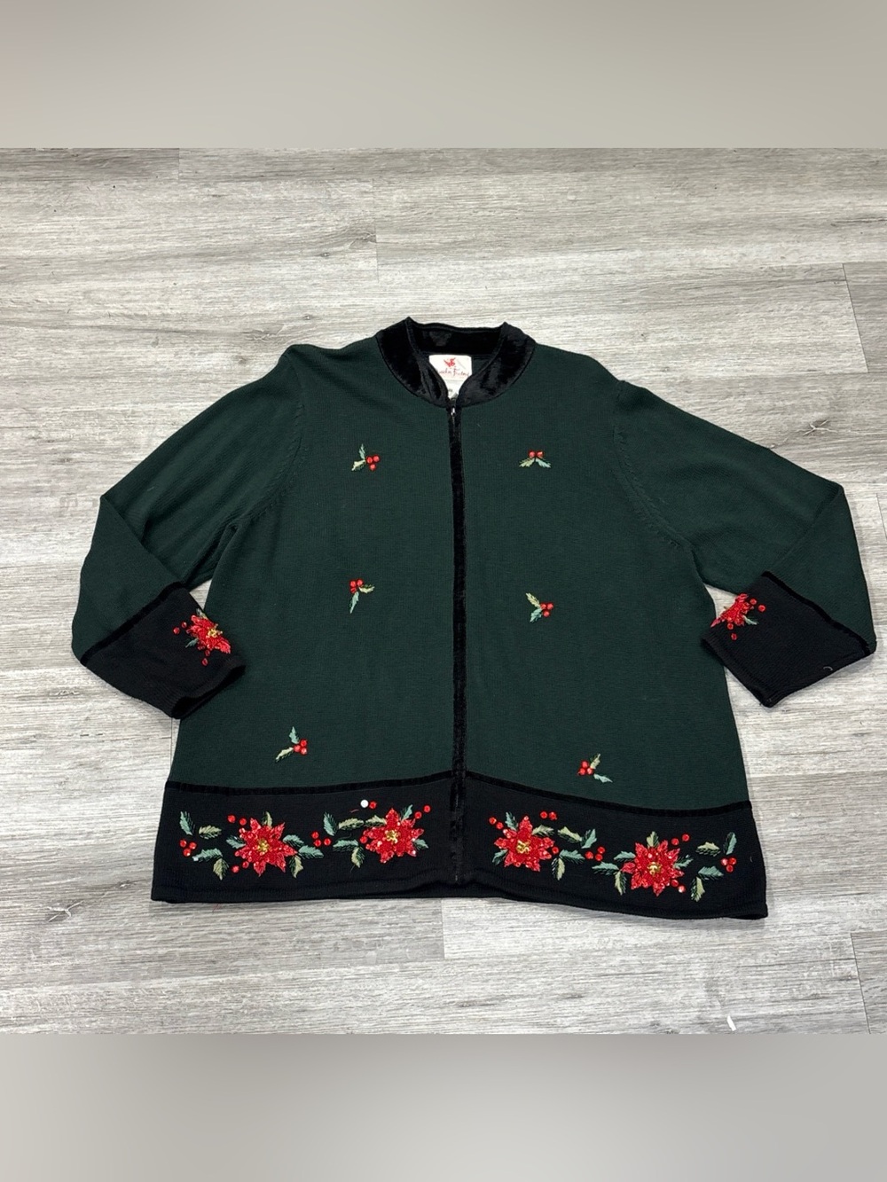 Quacker Factory vintage Christmas cardigan zip up sweater 2x poinsetta beaded